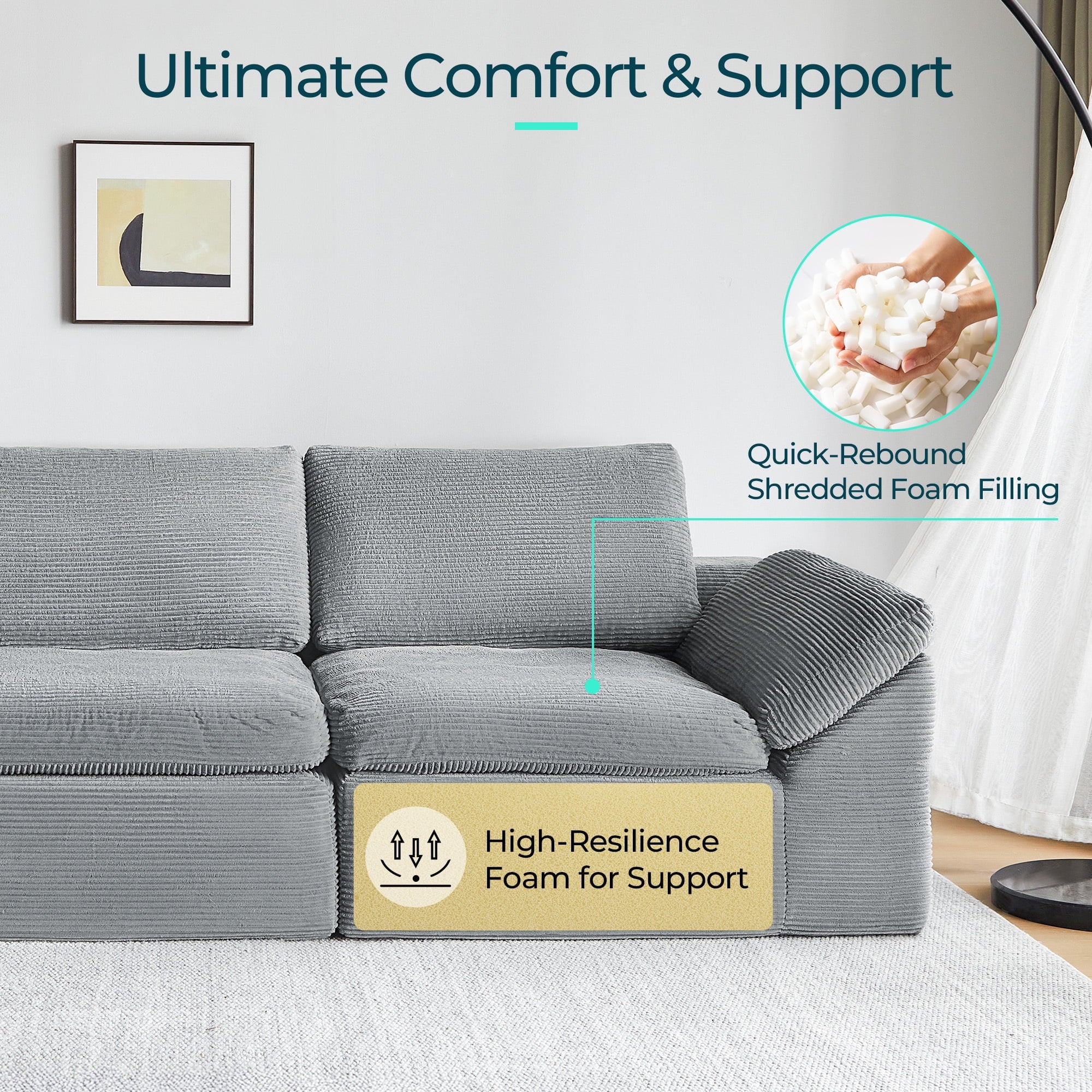 2 Piece Sofa Set for Living Room, Cloud Modular Sectional Sofa with Deep Seating, Oversized Boneless Couch Set with Corduroy Fabric, Grey