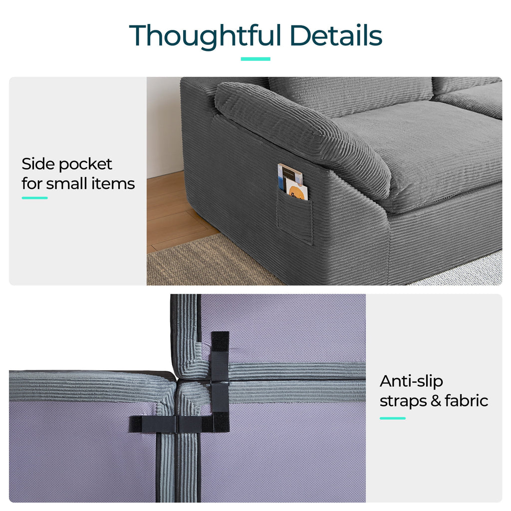 2 Piece Sofa Set for Living Room, Cloud Modular Sectional Sofa with Deep Seating, Oversized Boneless Couch Set with Corduroy Fabric, Grey