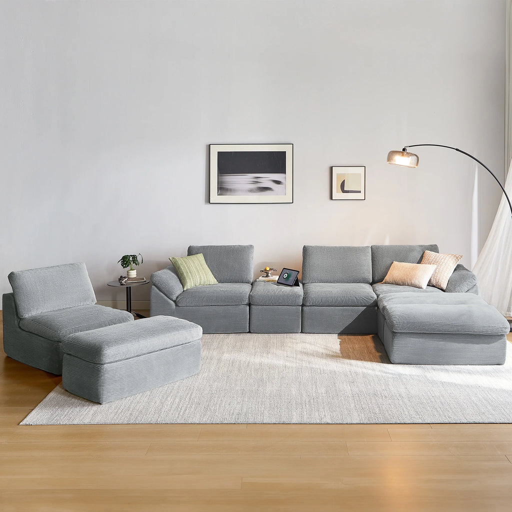 2 Piece Sofa Set for Living Room, Cloud Modular Sectional Sofa with Deep Seating, Oversized Boneless Couch Set with Corduroy Fabric, Grey