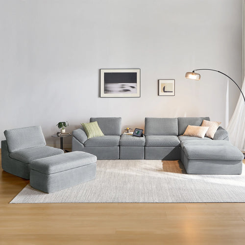 2 Piece Sofa Set for Living Room, Cloud Modular Sectional Sofa with Deep Seating, Oversized Boneless Couch Set with Corduroy Fabric, Grey