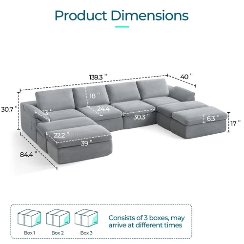 2 Piece Sofa Set for Living Room, Cloud Modular Sectional Sofa with Deep Seating, Oversized Boneless Couch Set with Corduroy Fabric, Grey
