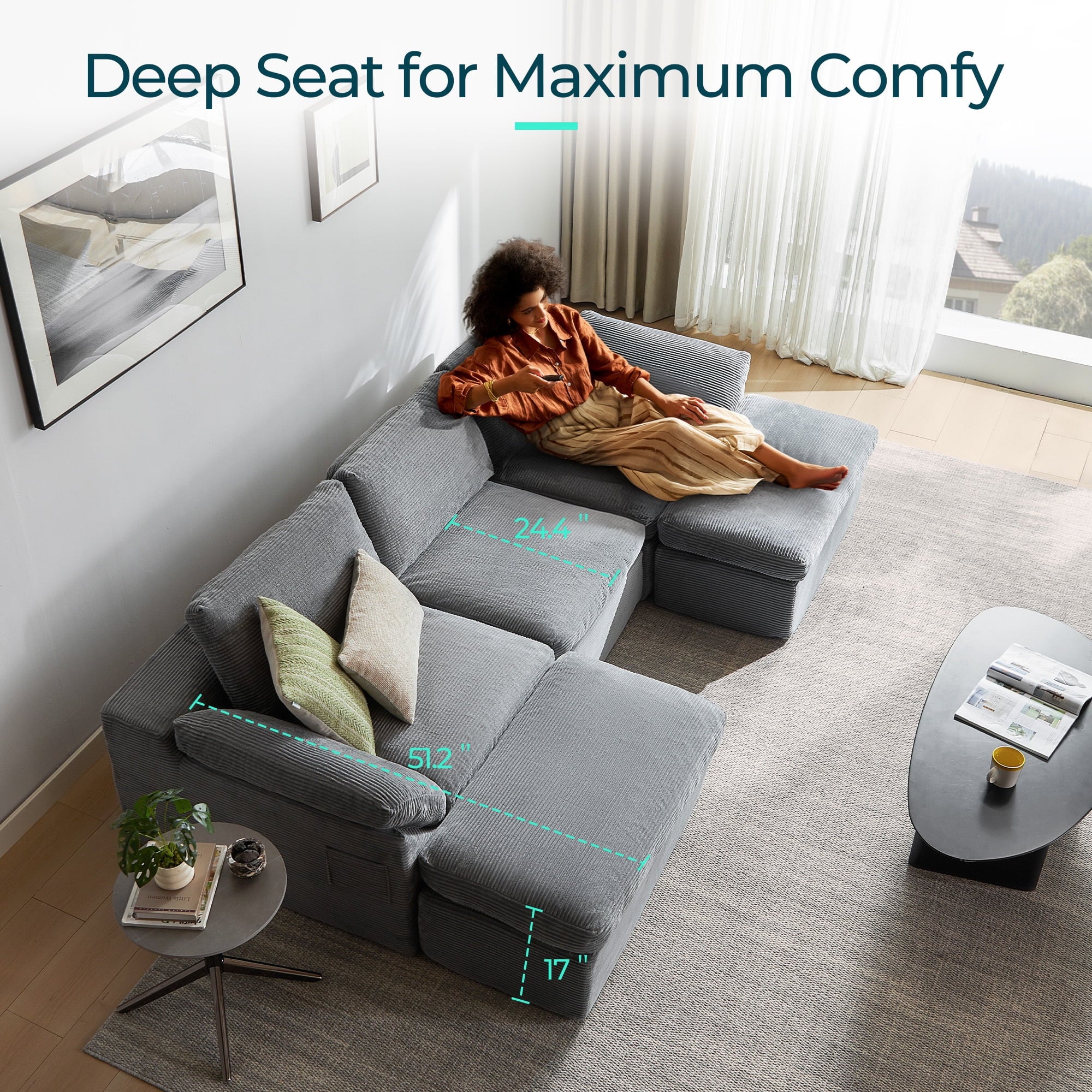 2 Piece Sofa Set for Living Room, Cloud Modular Sectional Sofa with Deep Seating, Oversized Boneless Couch Set with Corduroy Fabric, Grey