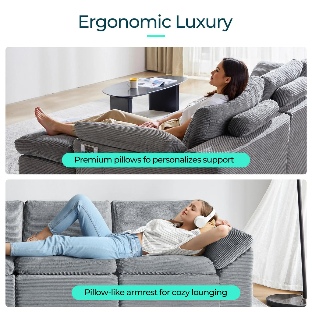 2 Piece Sofa Set for Living Room, Cloud Modular Sectional Sofa with Deep Seating, Oversized Boneless Couch Set with Corduroy Fabric, Grey
